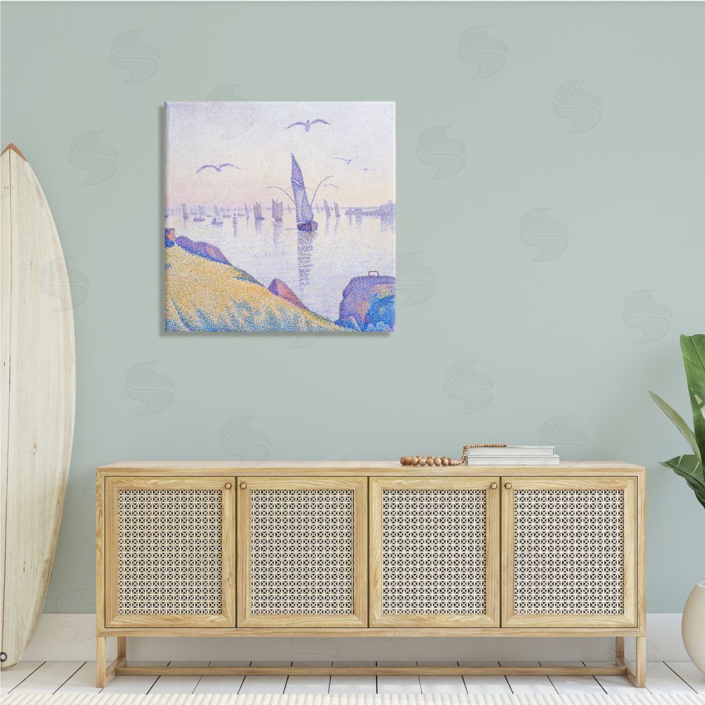Steve Hunziker Seagulls and Sailboat Coast Sunrise Morning Pointillism Painting Canvas Wall Art in Room