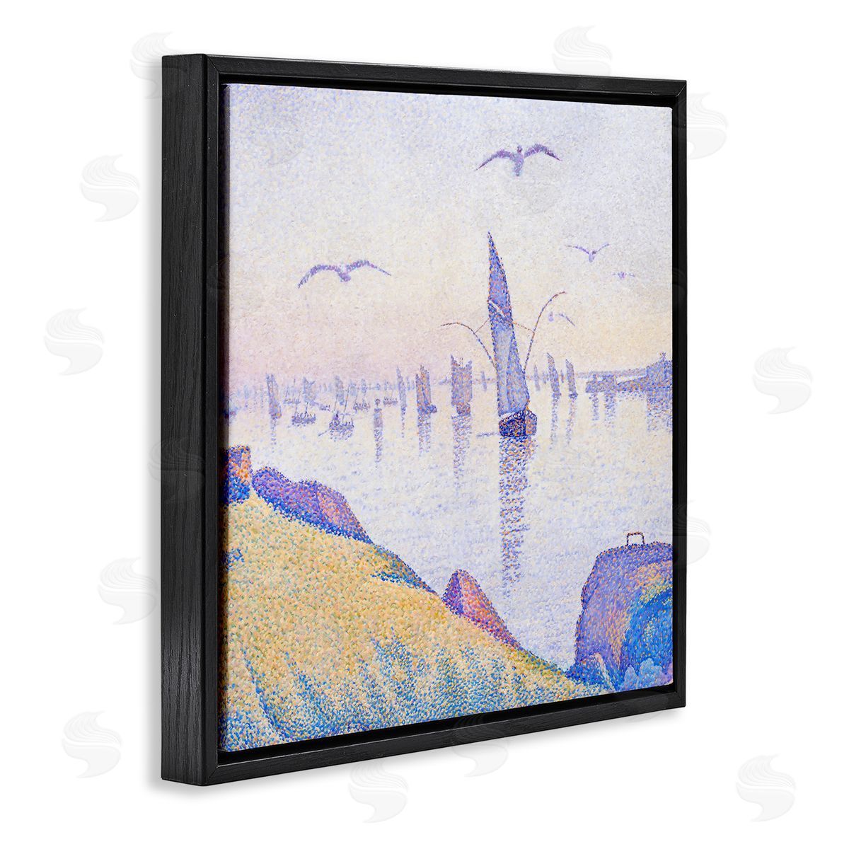 Steve Hunziker Seagulls and Sailboat Coast Sunrise Morning Pointillism Painting Black Floating Frame Canvas Wall Art Print