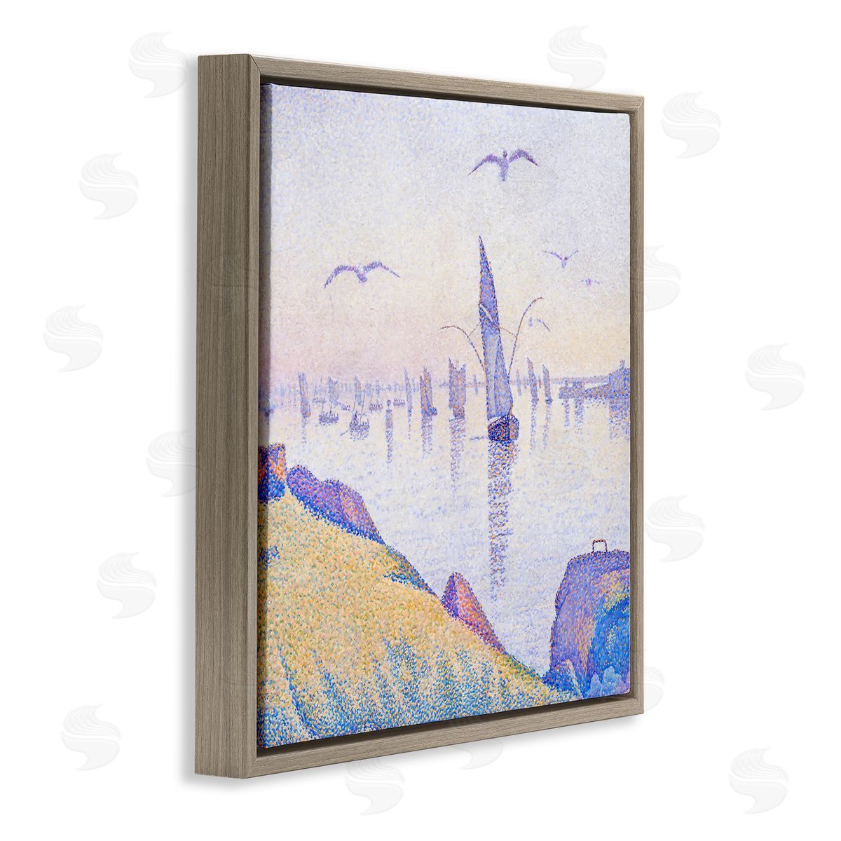 Steve Hunziker Seagulls and Sailboat Coast Sunrise Morning Pointillism Painting Brown Floating Frame Canvas Wall Art Print