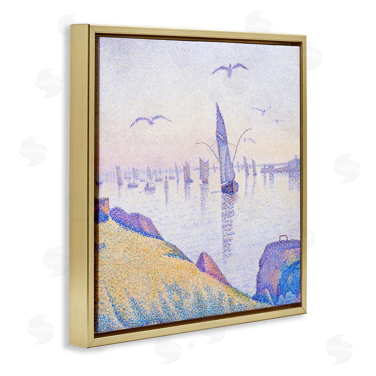 Steve Hunziker Seagulls and Sailboat Coast Sunrise Morning Pointillism Painting Gold Floating Frame Canvas Wall Art Print