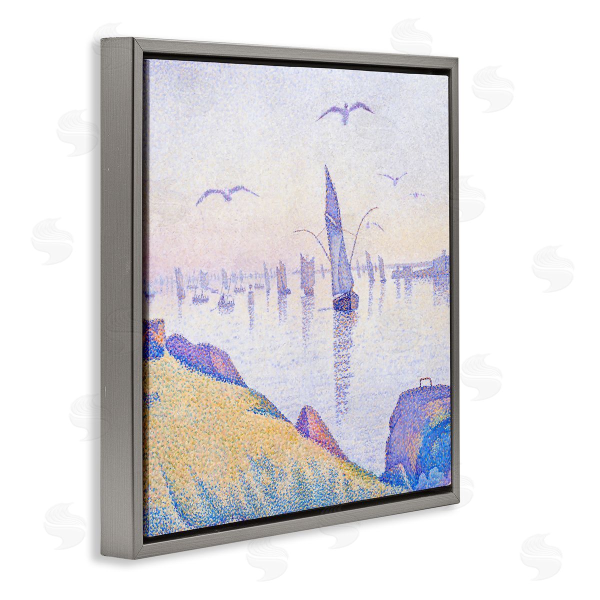 Steve Hunziker Seagulls and Sailboat Coast Sunrise Morning Pointillism Painting Gray Floating Frame Canvas Wall Art Print