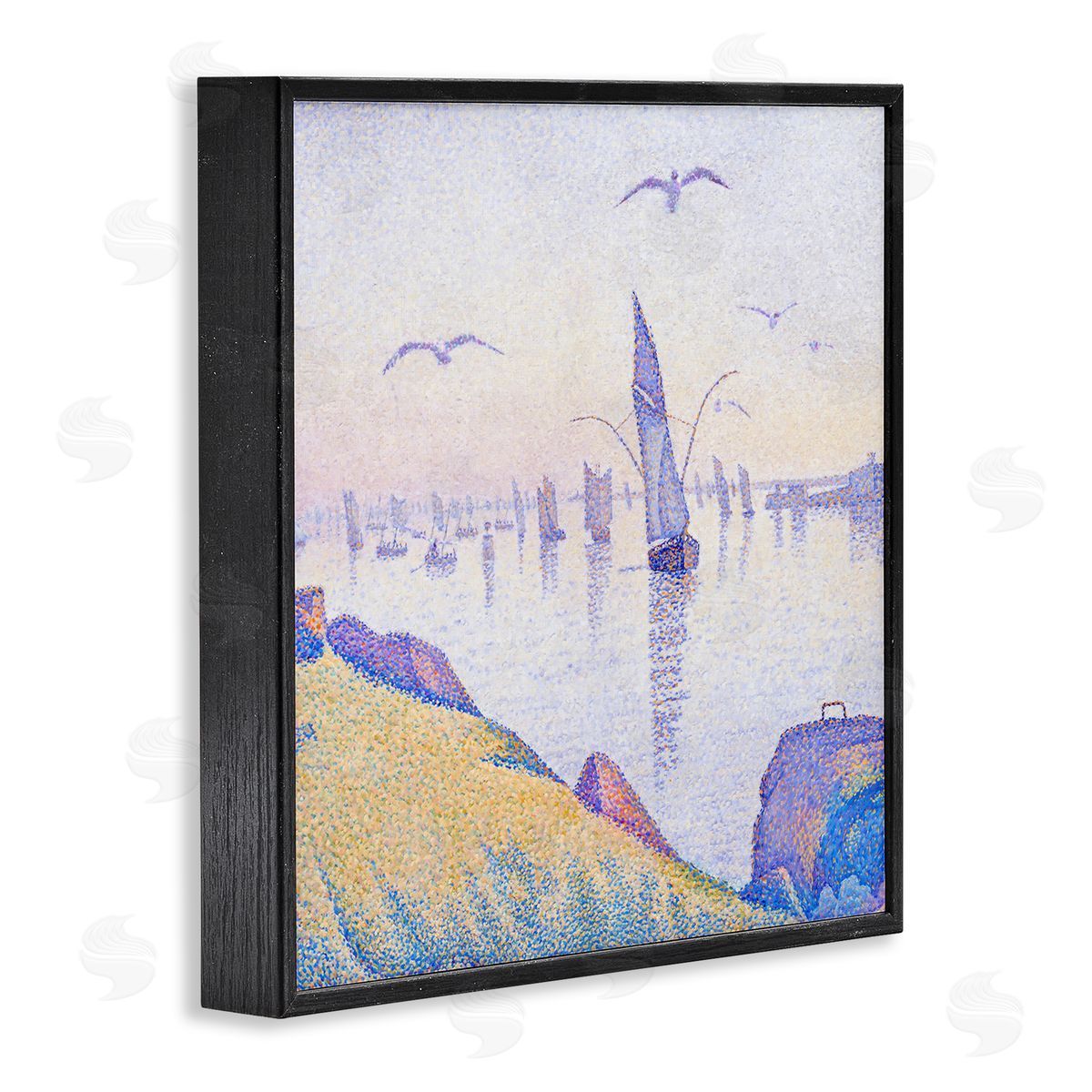 Steve Hunziker Seagulls and Sailboat Coast Sunrise Morning Pointillism Painting Black Framed Glicee Wall Art Print