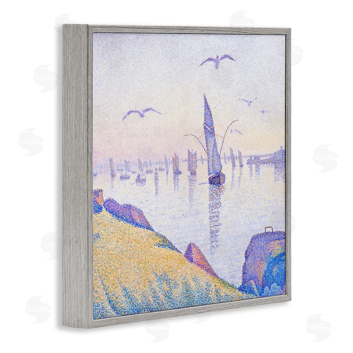 Steve Hunziker Seagulls and Sailboat Coast Sunrise Morning Pointillism Painting Gray Framed Glicee Wall Art Print