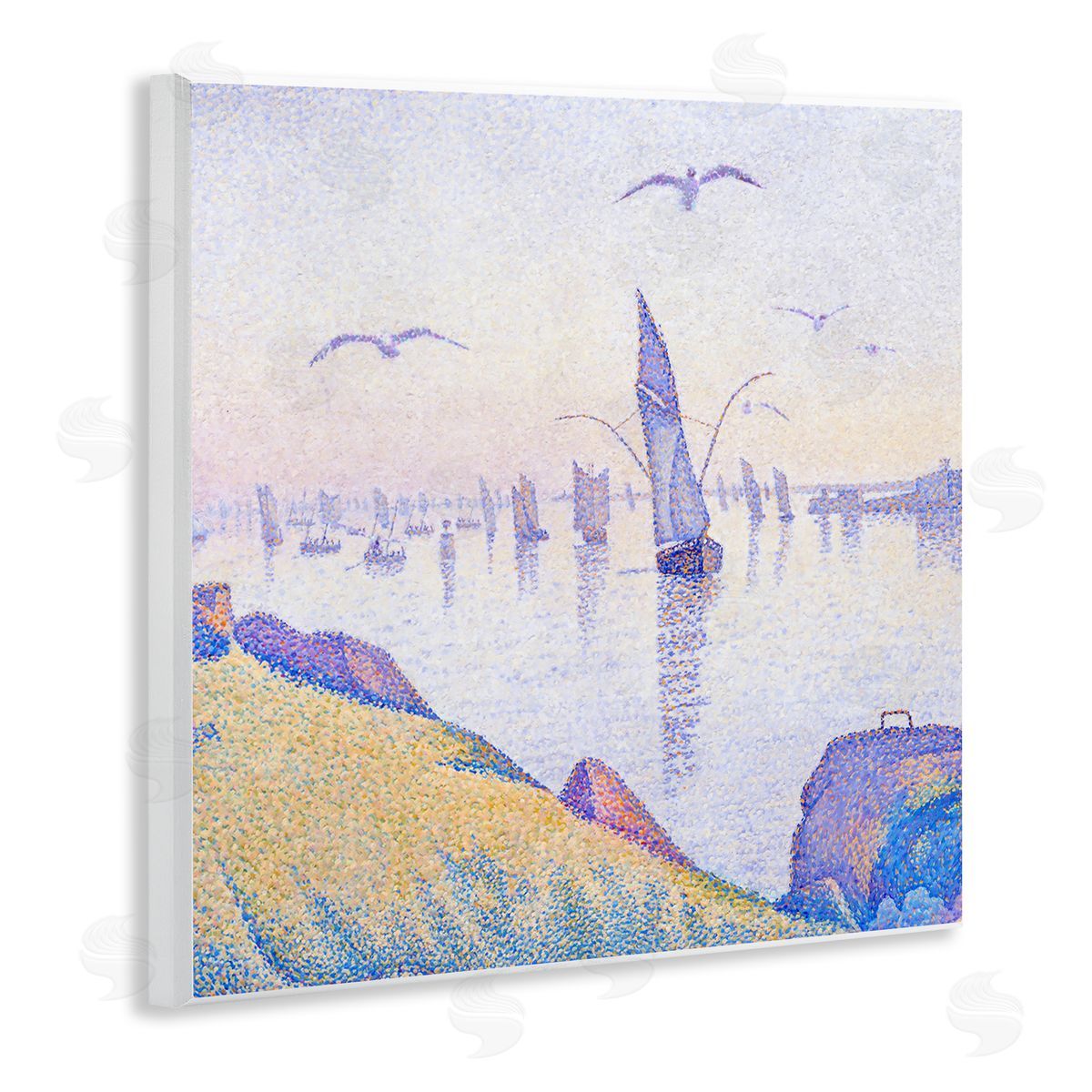 Steve Hunziker Seagulls and Sailboat Coast Sunrise Morning Pointillism Painting Wooden Wall Plaque Art Print