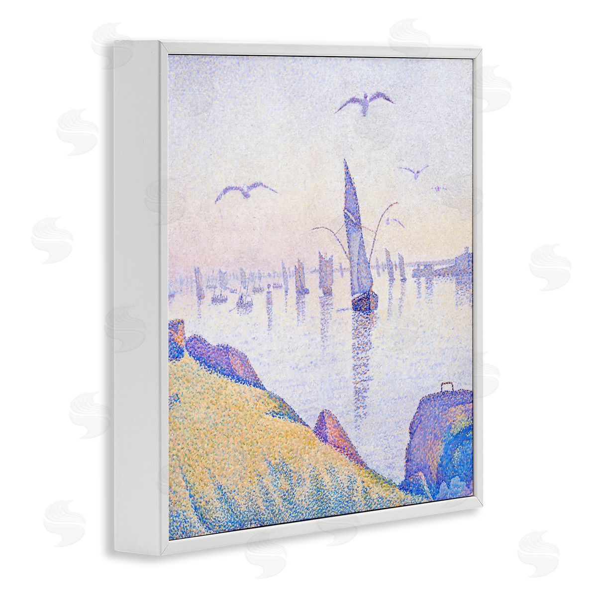 Steve Hunziker Seagulls and Sailboat Coast Sunrise Morning Pointillism Painting White Framed Glicee Wall Art Print