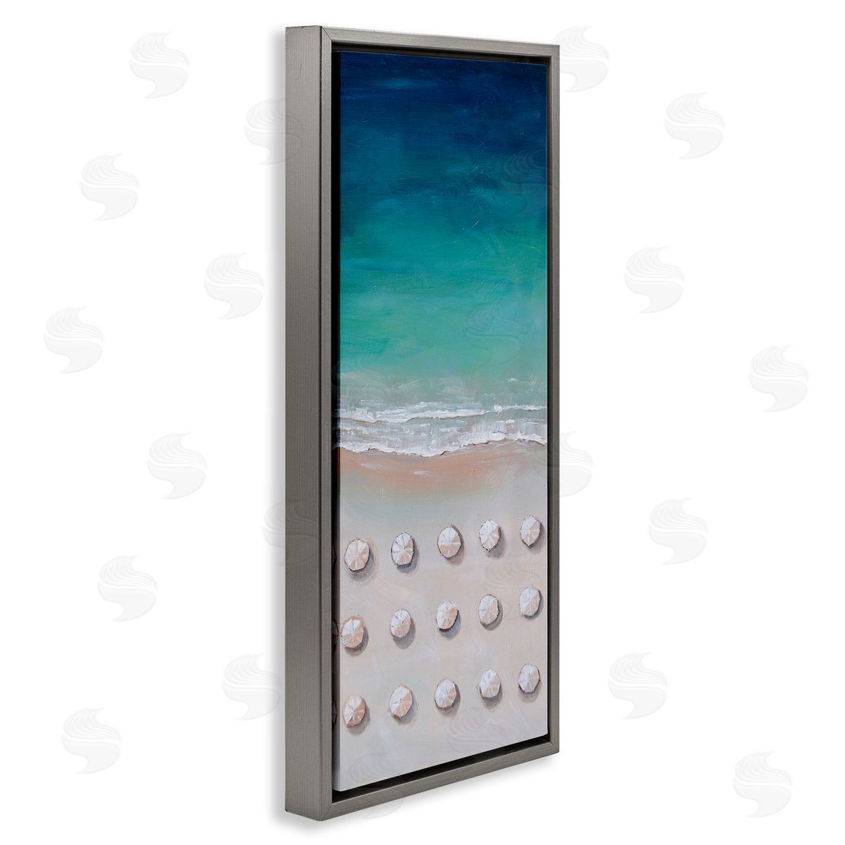 Aerial Umbrellas on Beach Coast Grey Floating Frame Canvas Wall Art, Home Decor by Lauren Jane