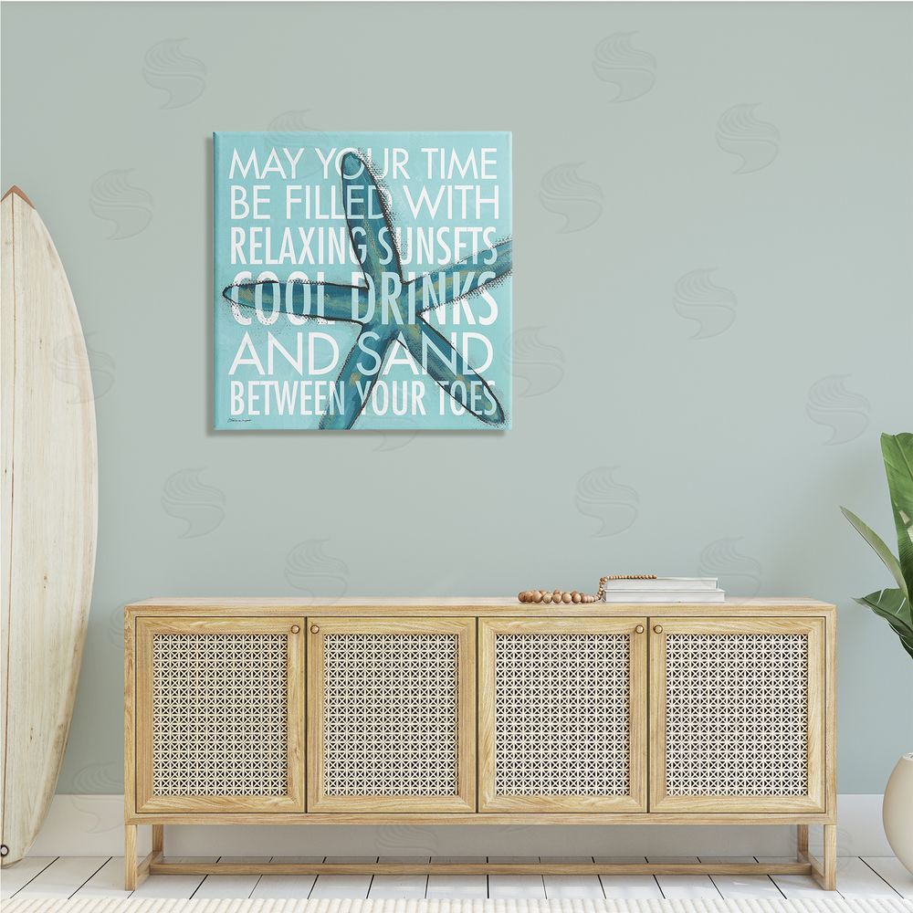 Stephanie Workman Marrott Sunsets Cool Drinks Sand Beach Phrase Blue Starfish Canvas Wall Art in Room