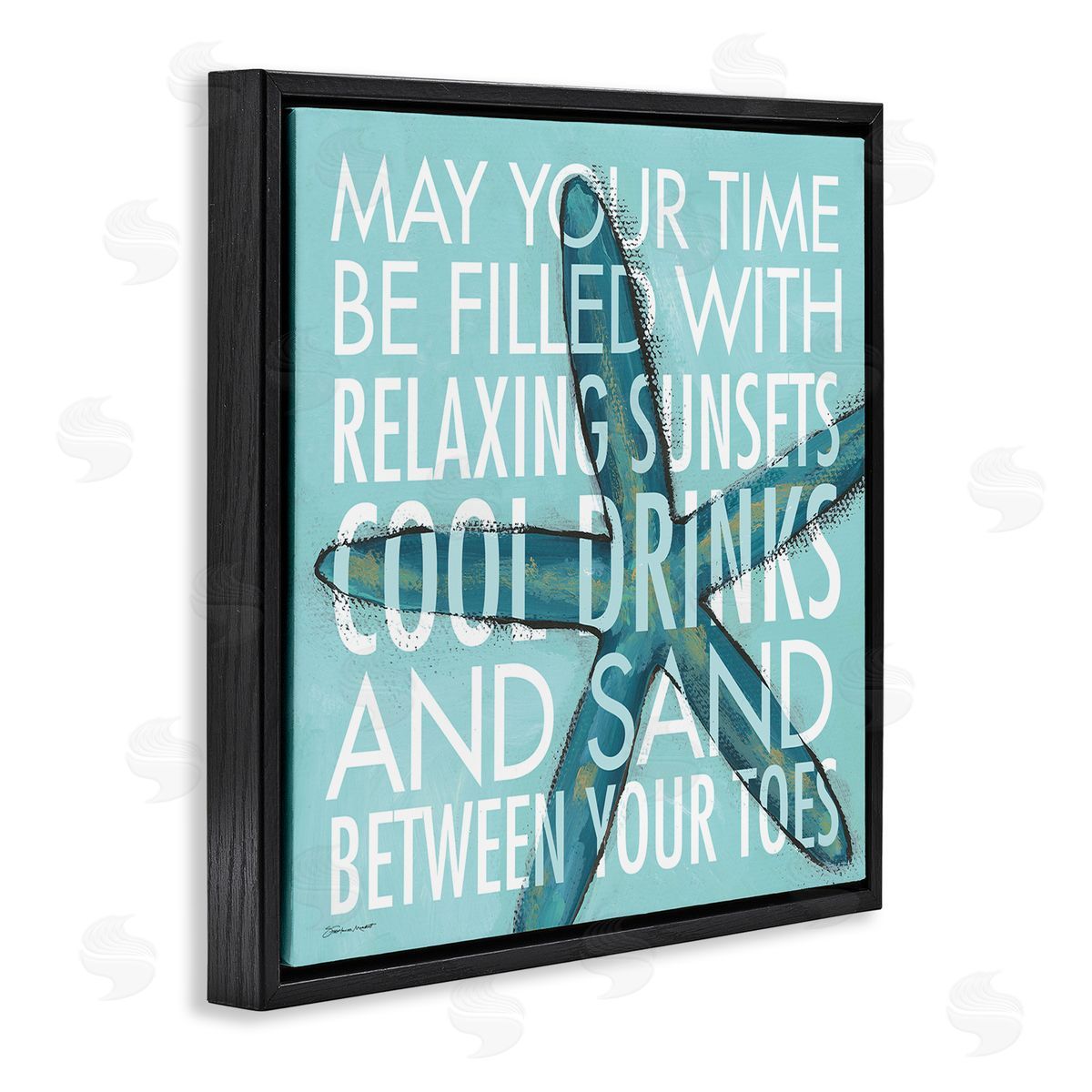 Stephanie Workman Marrott Sunsets Cool Drinks Sand Beach Phrase Blue Starfish Black Floating Frame Canvas Wall Art Print
