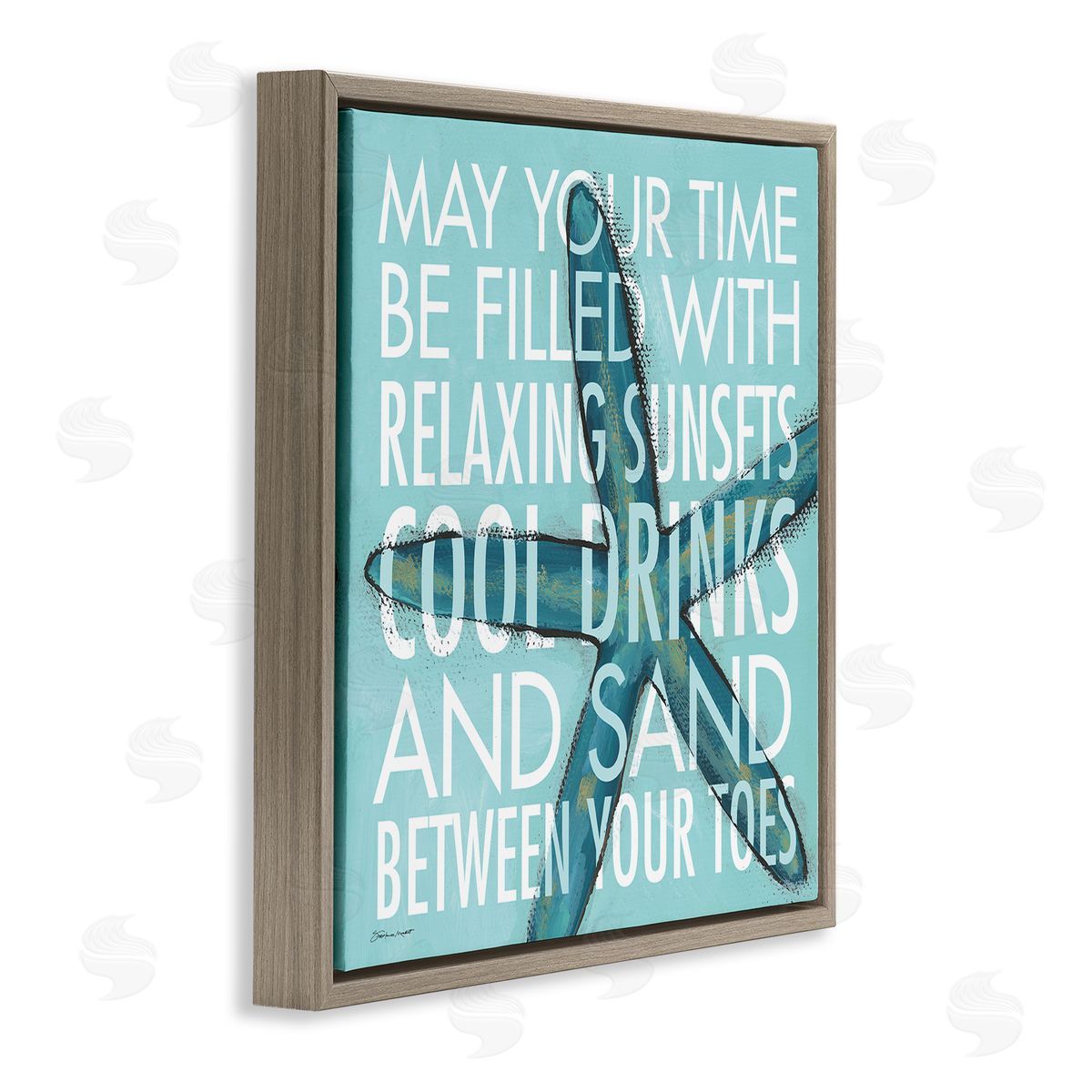 Stephanie Workman Marrott Sunsets Cool Drinks Sand Beach Phrase Blue Starfish Brown Floating Frame Canvas Wall Art Print