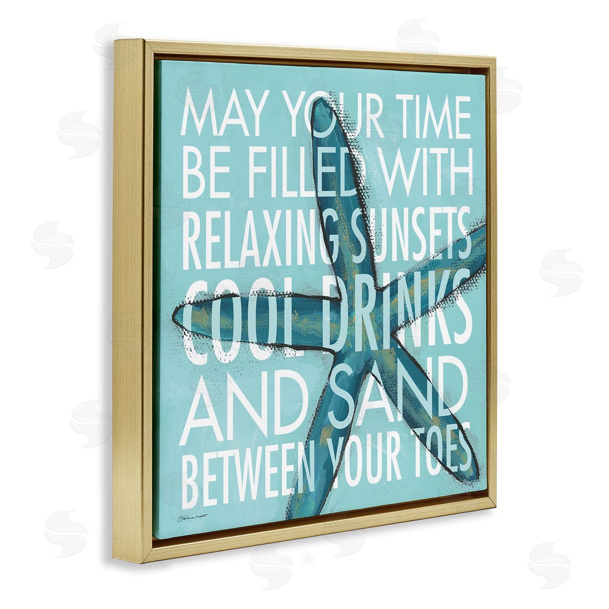 Stephanie Workman Marrott Sunsets Cool Drinks Sand Beach Phrase Blue Starfish Gold Floating Frame Canvas Wall Art Print