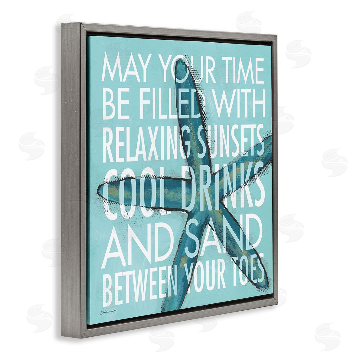 Stephanie Workman Marrott Sunsets Cool Drinks Sand Beach Phrase Blue Starfish Gray Floating Frame Canvas Wall Art Print
