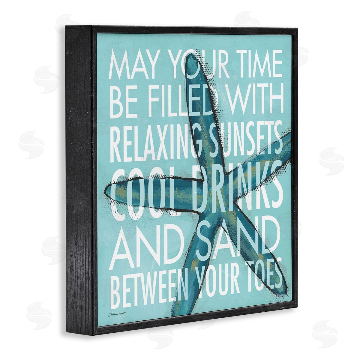 Stephanie Workman Marrott Sunsets Cool Drinks Sand Beach Phrase Blue Starfish Black Framed Glicee Wall Art Print