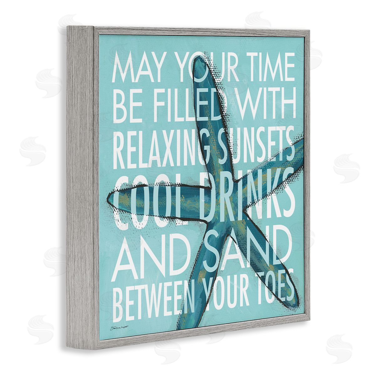 Stephanie Workman Marrott Sunsets Cool Drinks Sand Beach Phrase Blue Starfish Gray Framed Glicee Wall Art Print