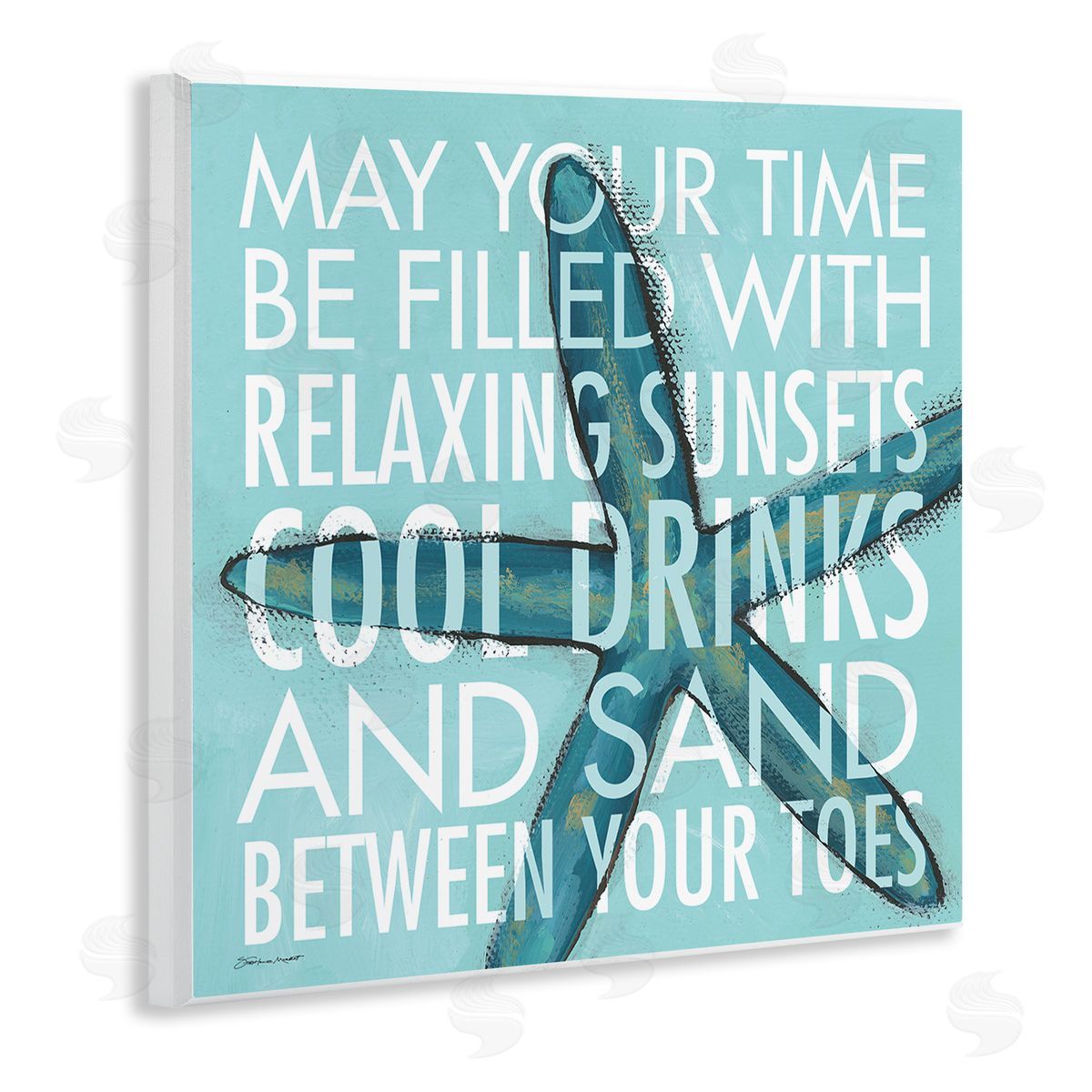 Stephanie Workman Marrott Sunsets Cool Drinks Sand Beach Phrase Blue Starfish Wooden Wall Plaque Art Print