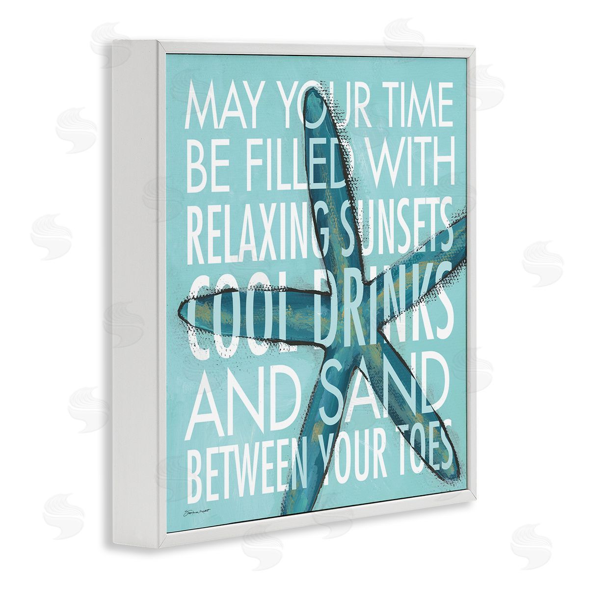 Stephanie Workman Marrott Sunsets Cool Drinks Sand Beach Phrase Blue Starfish White Framed Glicee Wall Art Print