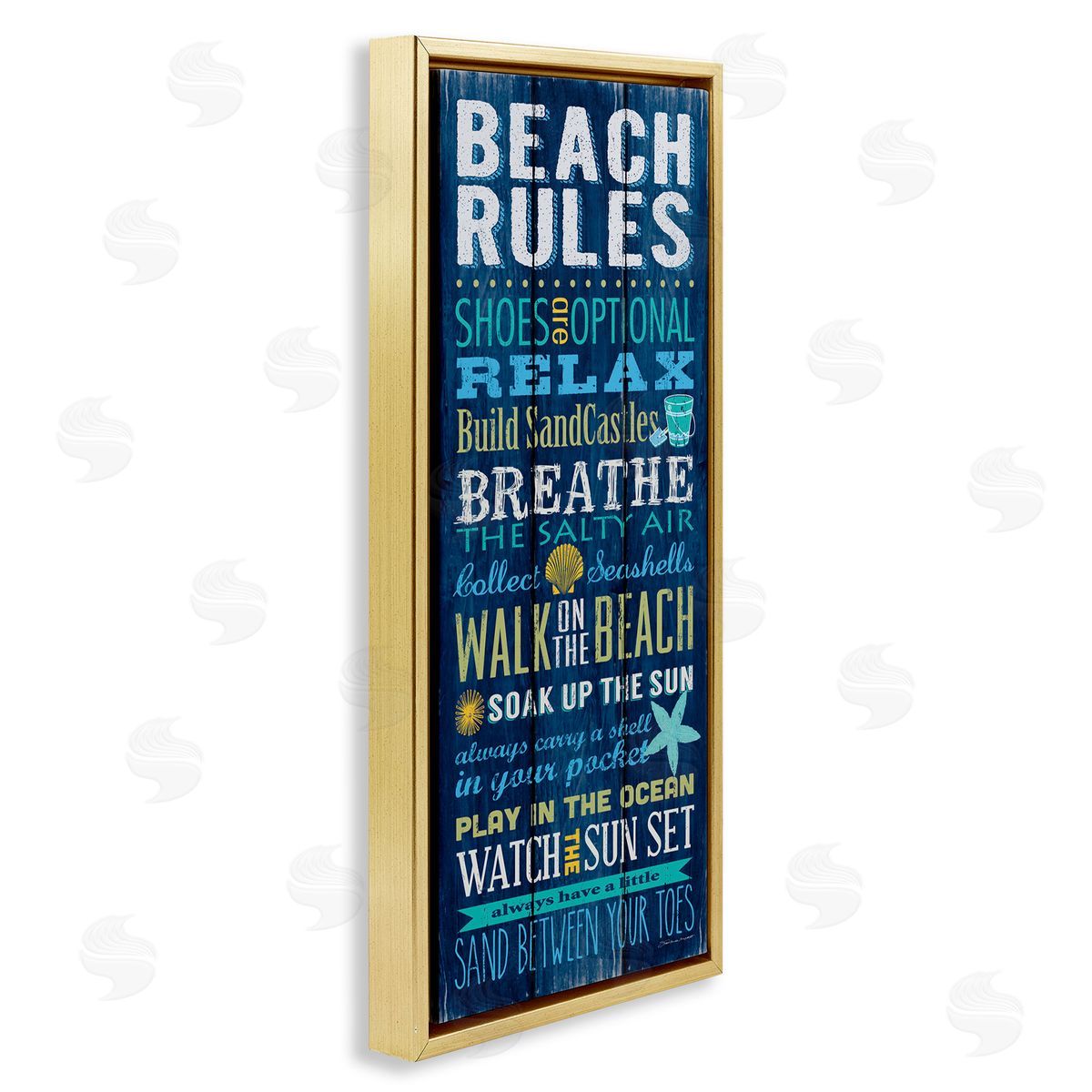 Blue Planked Beach Rules Sign Gold Floating Frame Canvas Wall Art, Home Decor by Stephanie Workman Marrott