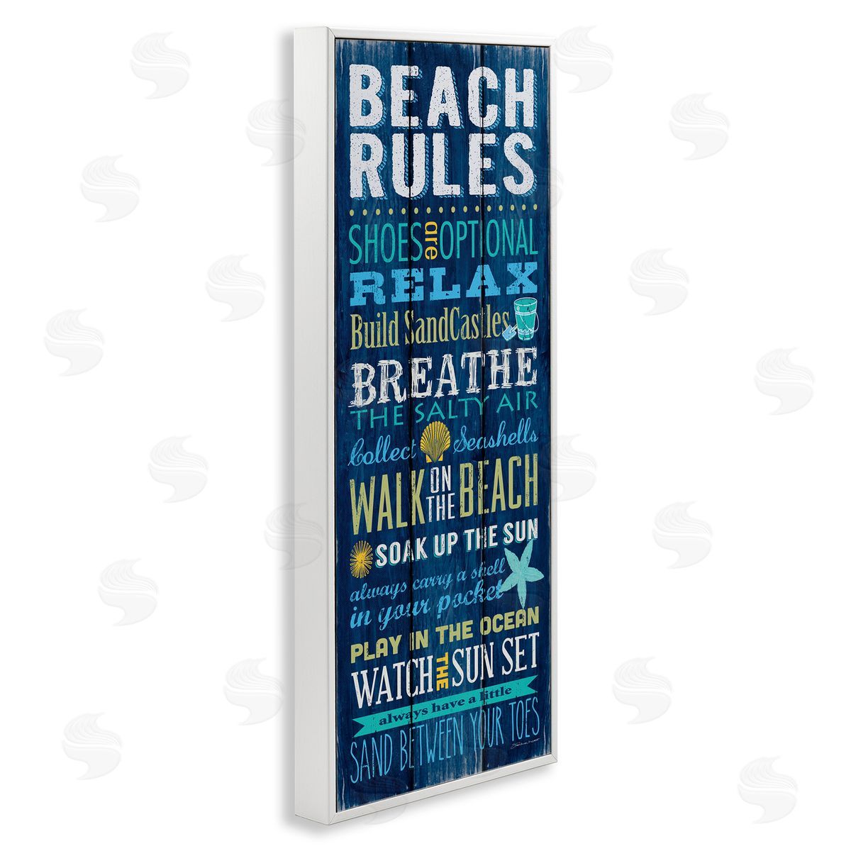 Blue Planked Beach Rules Sign White Frame Print Wall Art, Home Decor by Stephanie Workman Marrott