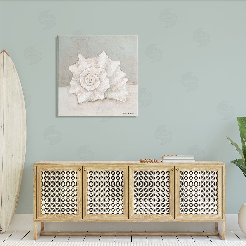 Stephanie Workman Marrott Conch Shell Minimal Beige Grey Seashell Nautical Animal Canvas Wall Art in Room