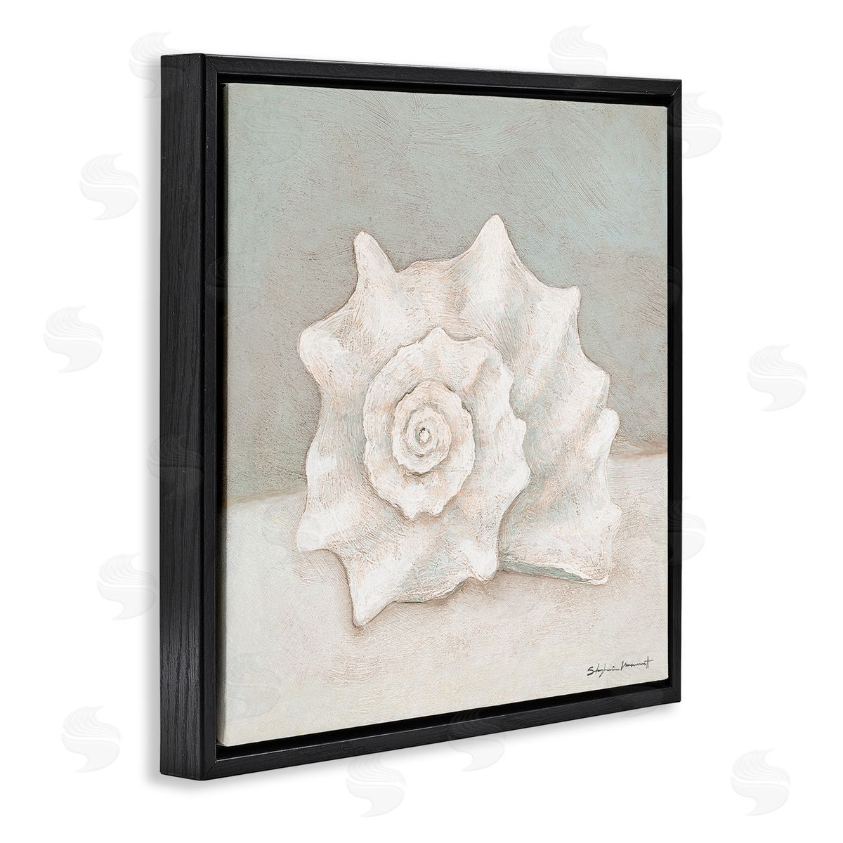 Stephanie Workman Marrott Conch Shell Minimal Beige Grey Seashell Nautical Animal Black Floating Frame Canvas Wall Art Print