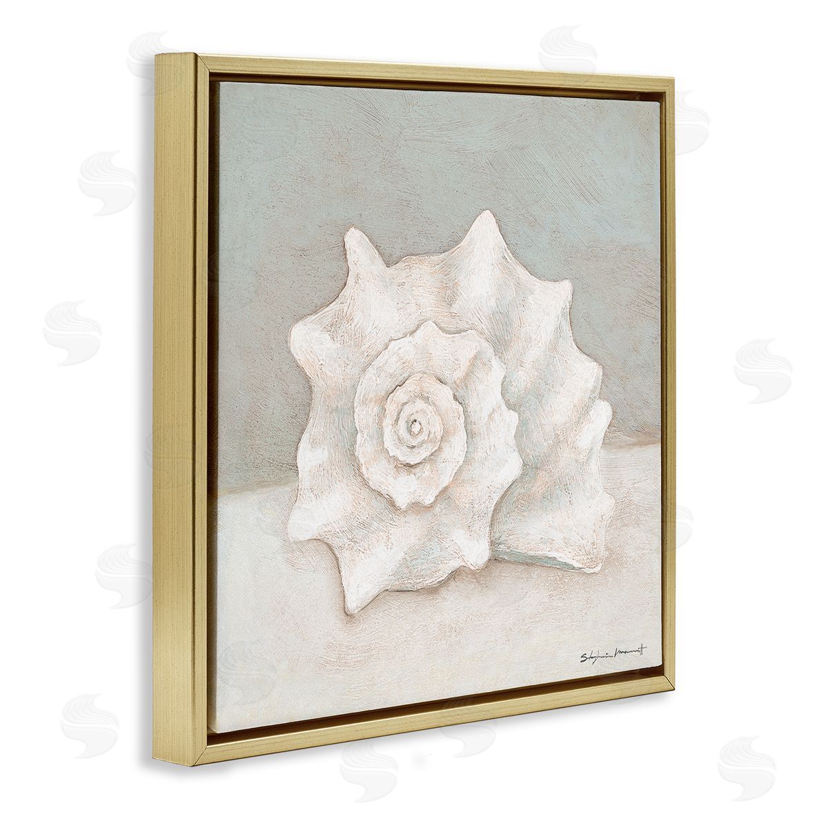 Stephanie Workman Marrott Conch Shell Minimal Beige Grey Seashell Nautical Animal Gold Floating Frame Canvas Wall Art Print