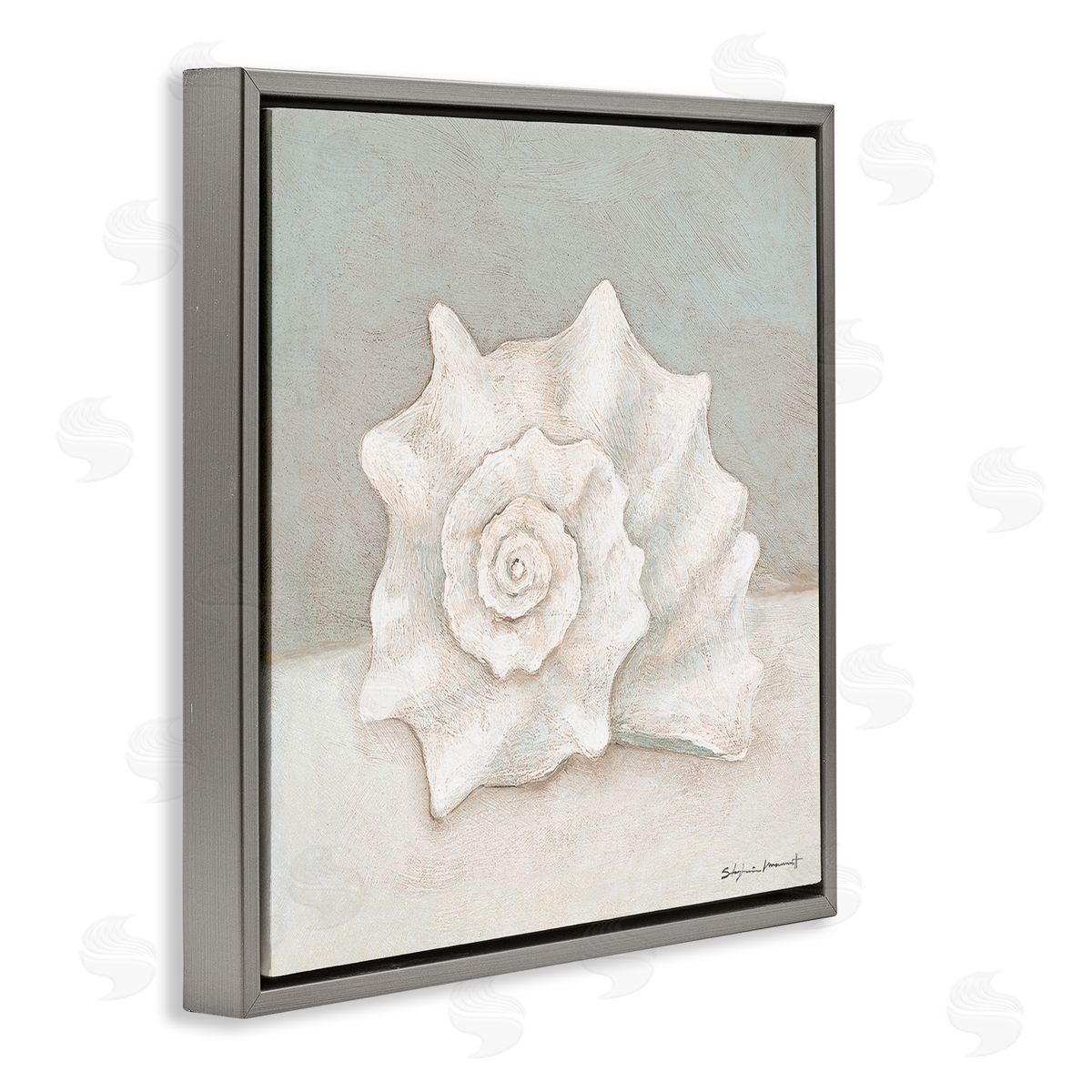 Stephanie Workman Marrott Conch Shell Minimal Beige Grey Seashell Nautical Animal Gray Floating Frame Canvas Wall Art Print