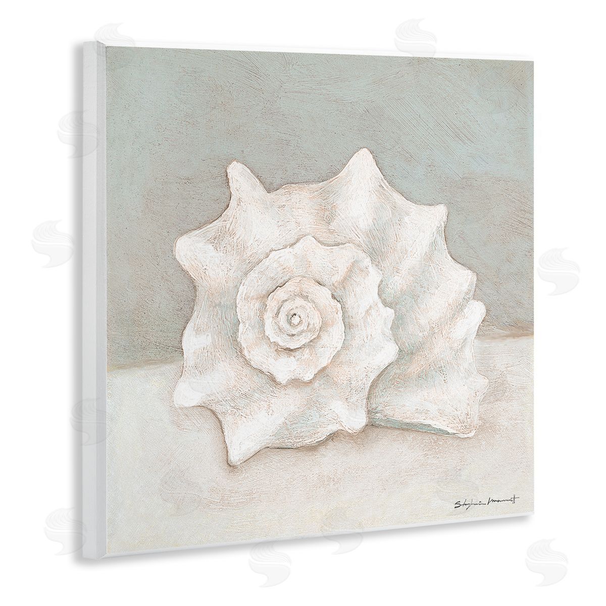 Stephanie Workman Marrott Conch Shell Minimal Beige Grey Seashell Nautical Animal Wooden Wall Plaque Art Print
