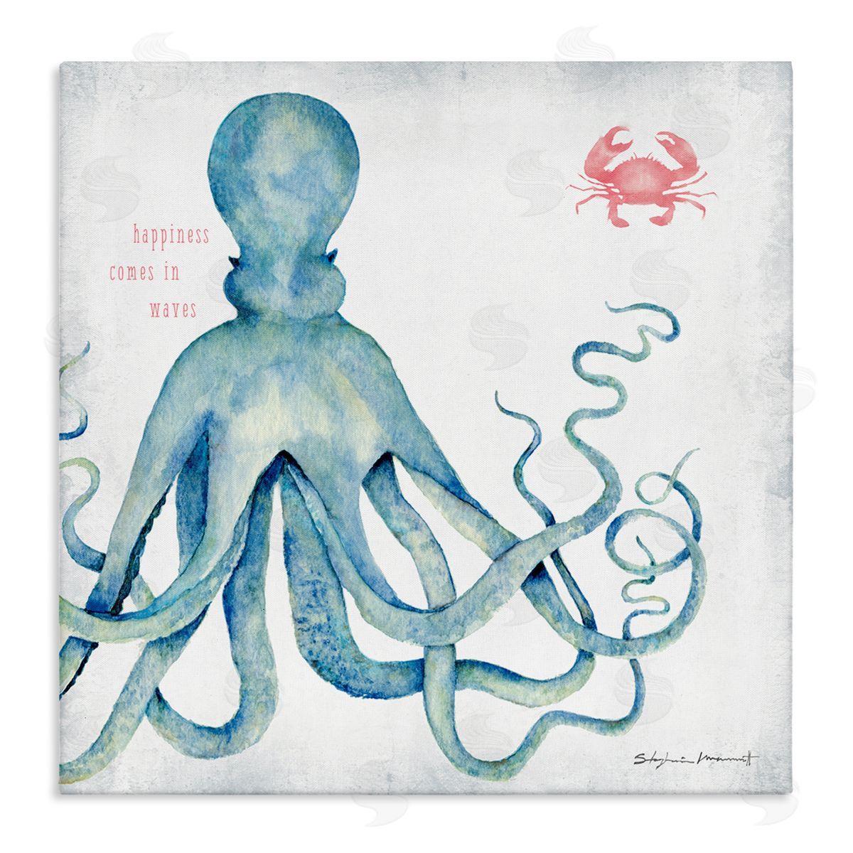 Stephanie Workman Marrott Happiness Comes in Waves Blue Octopus Red Crab Stretched Canvas Wall Art Print