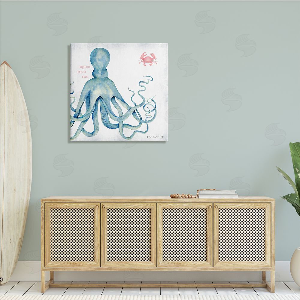Stephanie Workman Marrott Happiness Comes in Waves Blue Octopus Red Crab Canvas Wall Art in Room
