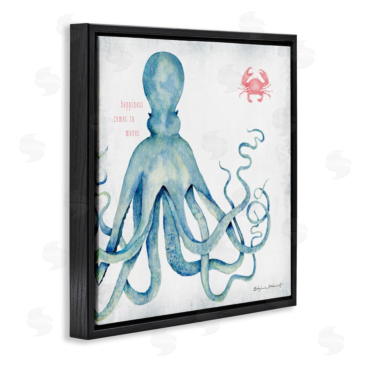 Stephanie Workman Marrott Happiness Comes in Waves Blue Octopus Red Crab Black Floating Frame Canvas Wall Art Print