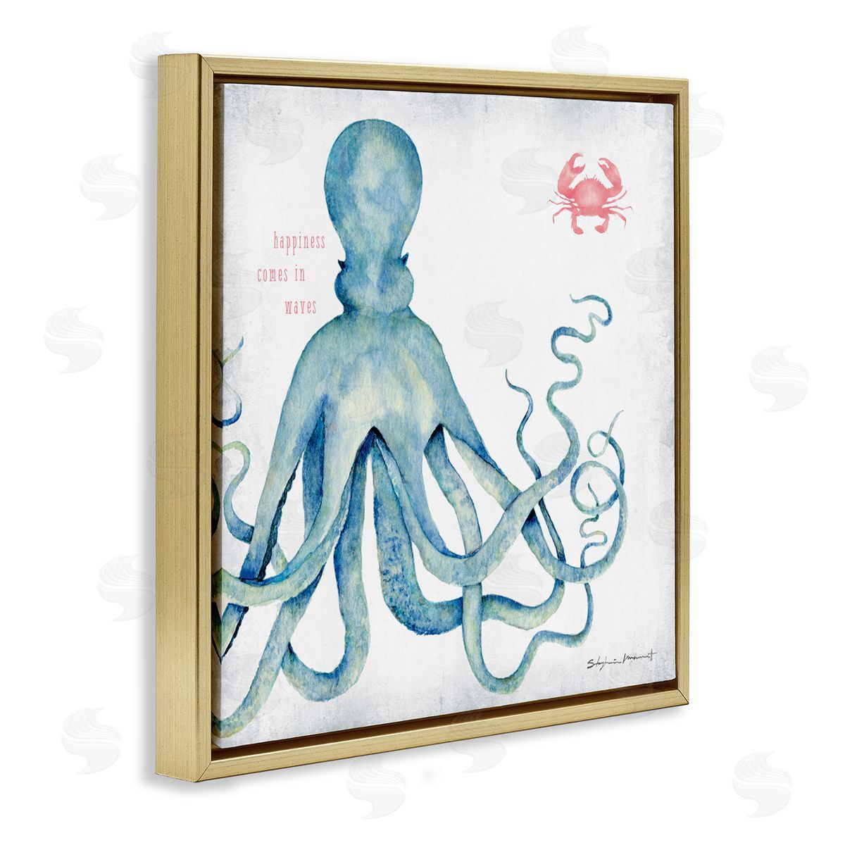 Stephanie Workman Marrott Happiness Comes in Waves Blue Octopus Red Crab Gold Floating Frame Canvas Wall Art Print