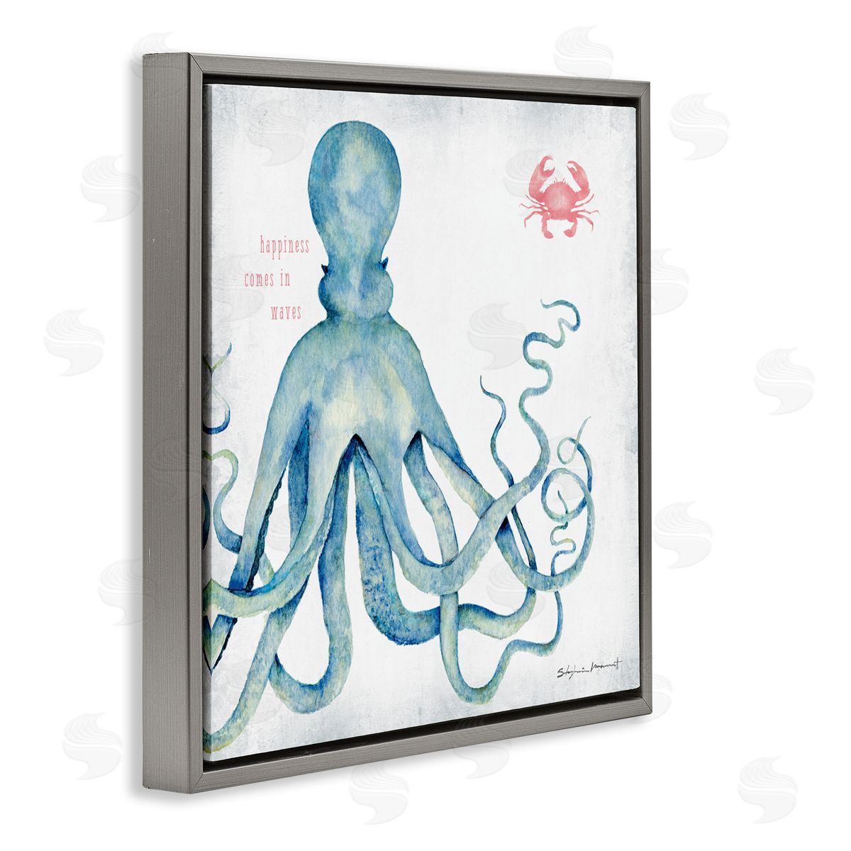 Stephanie Workman Marrott Happiness Comes in Waves Blue Octopus Red Crab Gray Floating Frame Canvas Wall Art Print