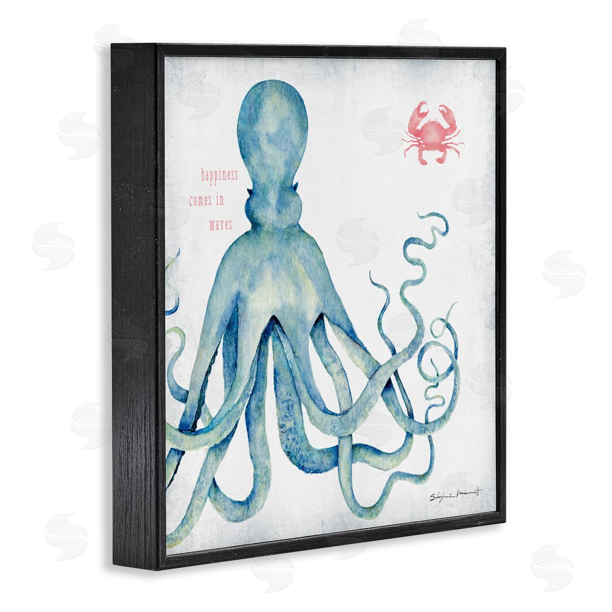 Stephanie Workman Marrott Happiness Comes in Waves Blue Octopus Red Crab Black Framed Glicee Wall Art Print