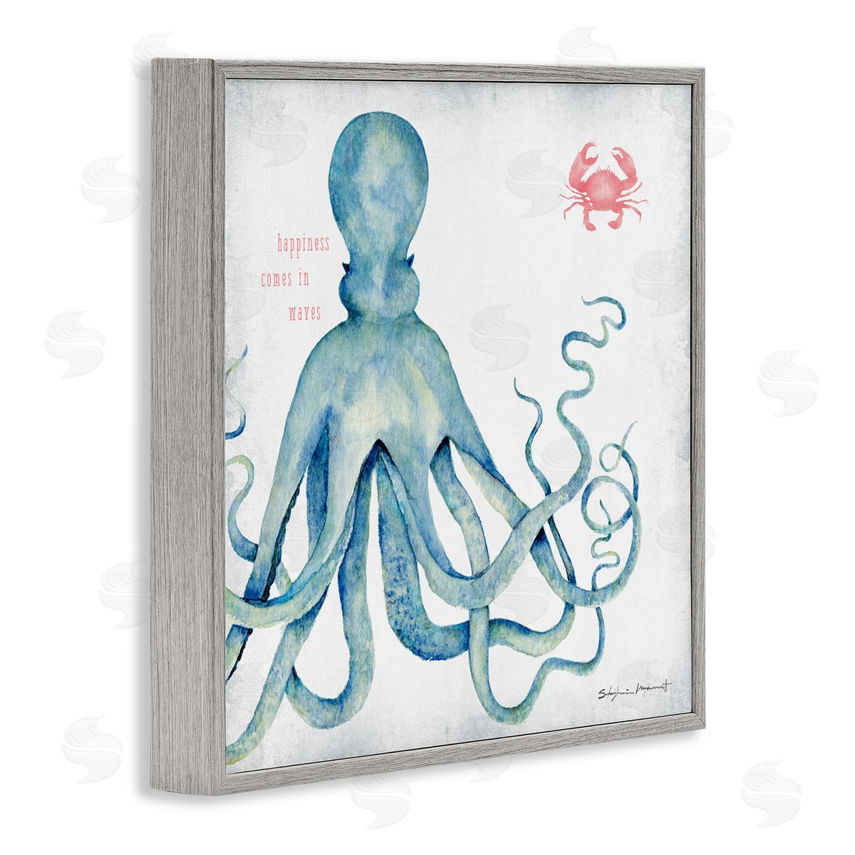 Stephanie Workman Marrott Happiness Comes in Waves Blue Octopus Red Crab Gray Framed Glicee Wall Art Print