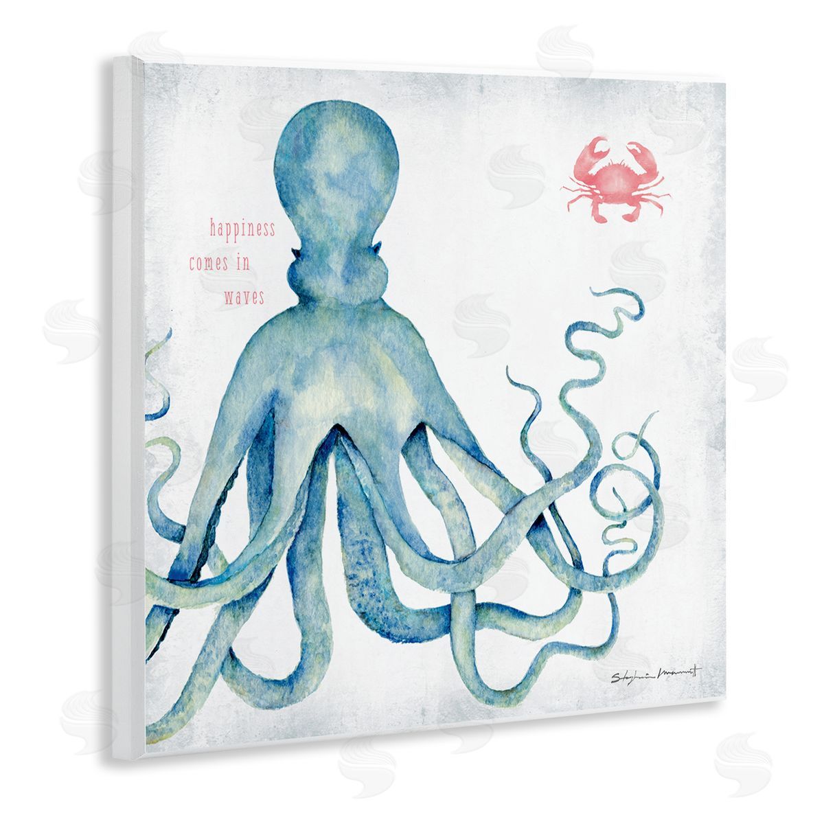 Stephanie Workman Marrott Happiness Comes in Waves Blue Octopus Red Crab Wooden Wall Plaque Art Print