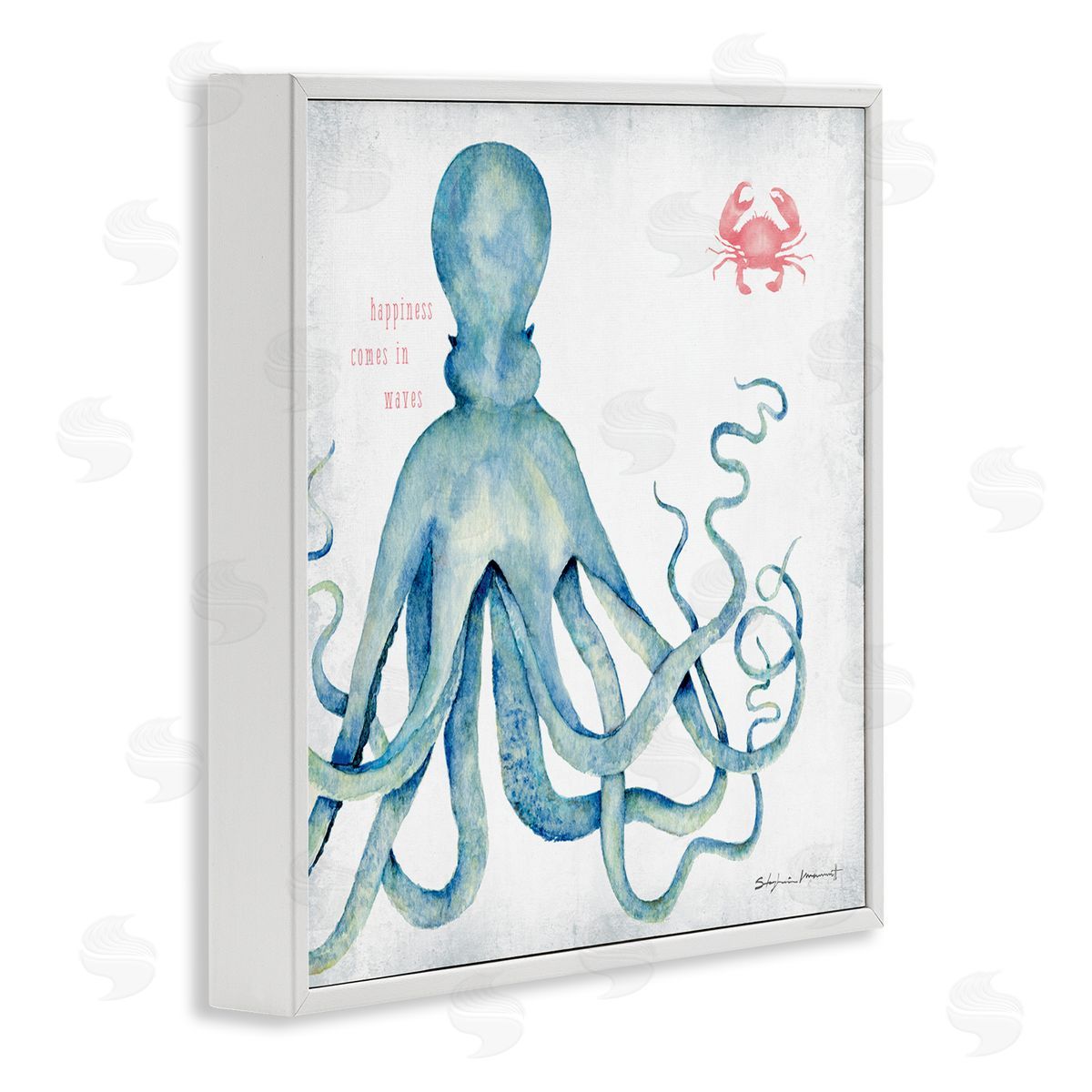 Stephanie Workman Marrott Happiness Comes in Waves Blue Octopus Red Crab White Framed Glicee Wall Art Print