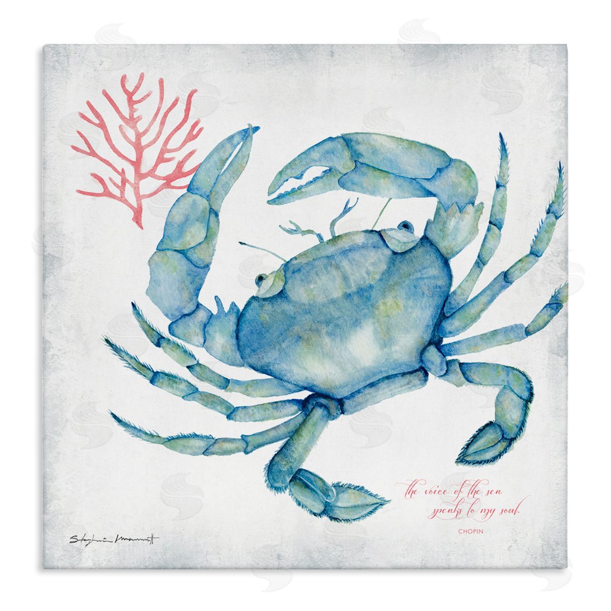 Stephanie Workman Marrott Voice of Sea Quote Blue Crab Red Coral Stretched Canvas Wall Art Print