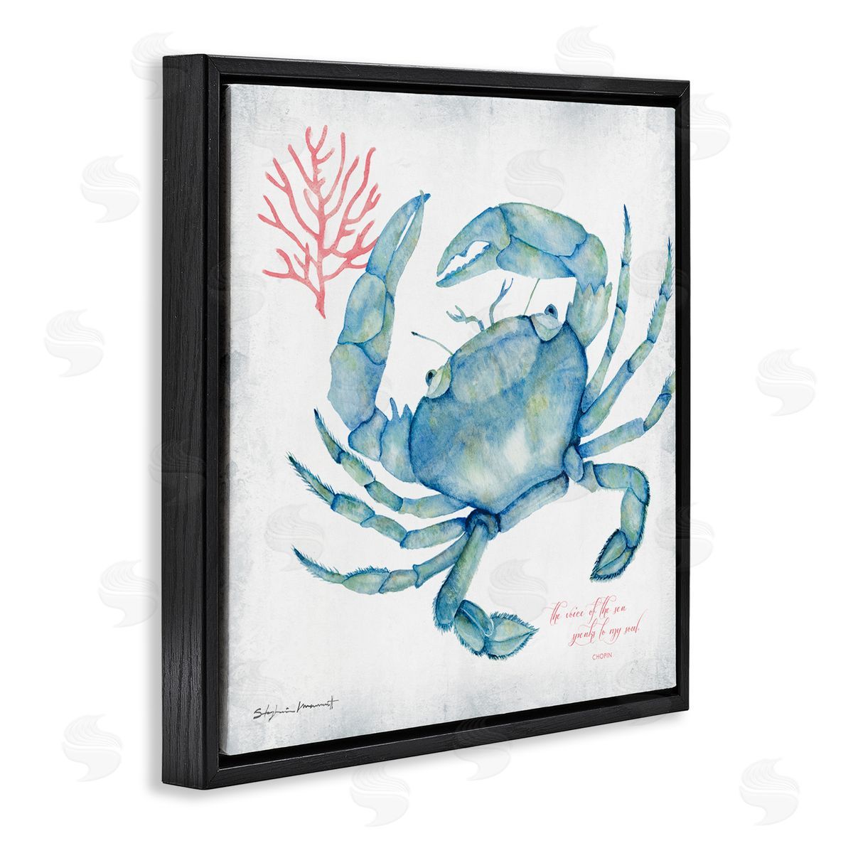 Stephanie Workman Marrott Voice of Sea Quote Blue Crab Red Coral Black Floating Frame Canvas Wall Art Print