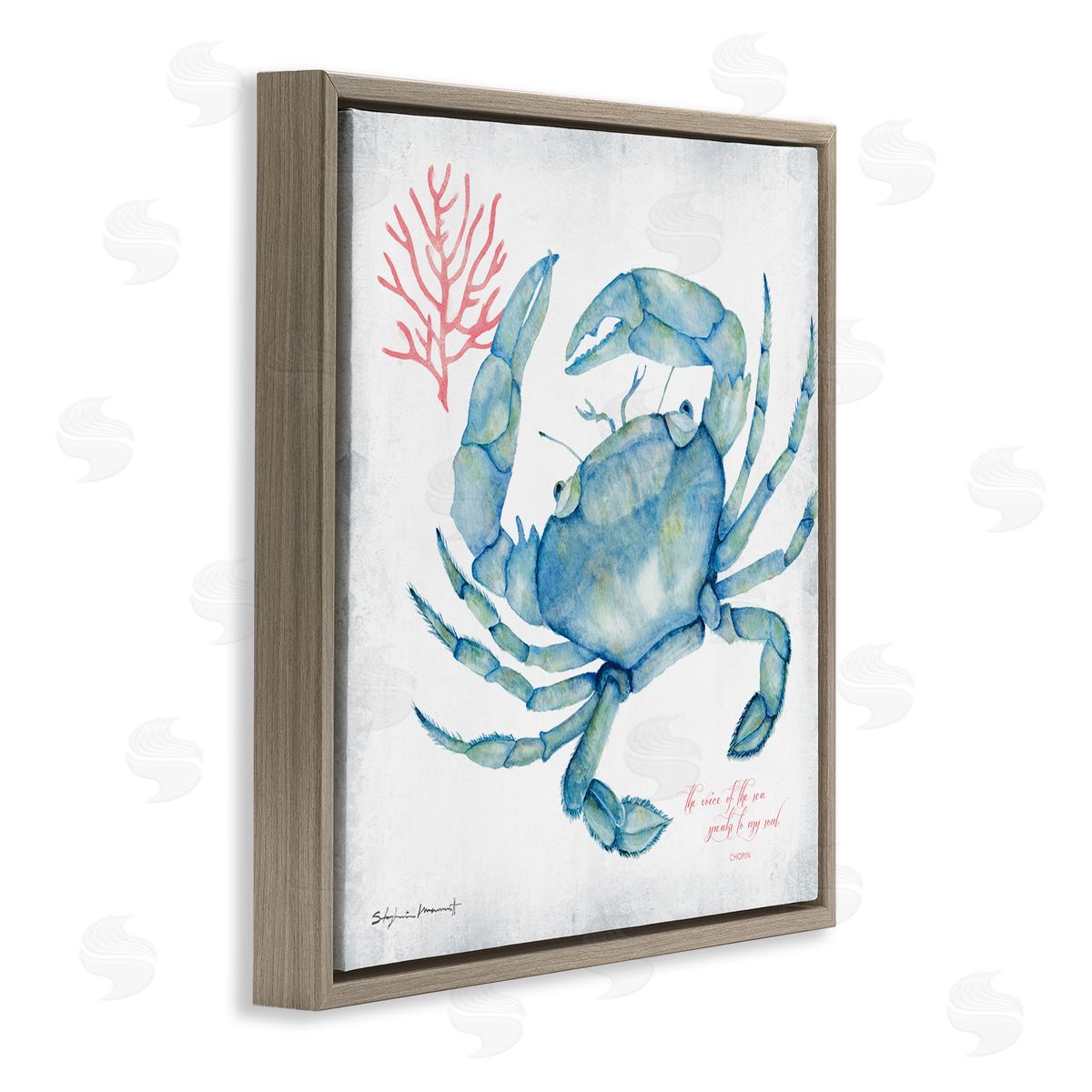Stephanie Workman Marrott Voice of Sea Quote Blue Crab Red Coral Brown Floating Frame Canvas Wall Art Print