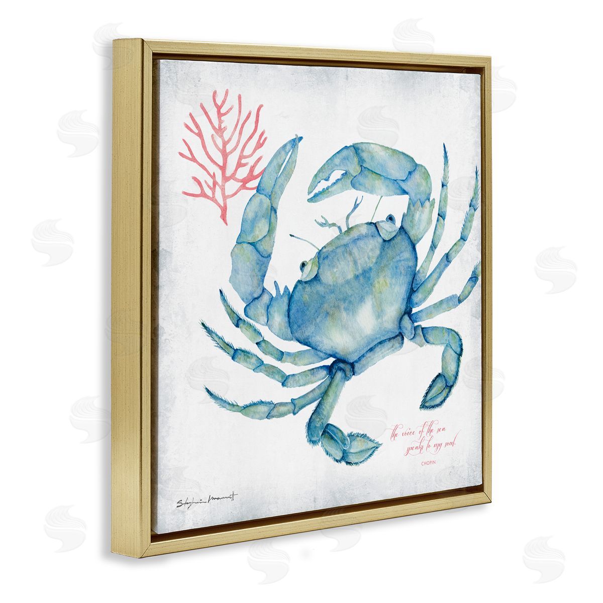 Stephanie Workman Marrott Voice of Sea Quote Blue Crab Red Coral Gold Floating Frame Canvas Wall Art Print