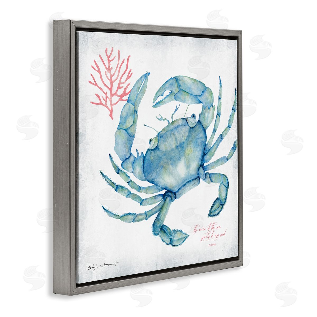 Stephanie Workman Marrott Voice of Sea Quote Blue Crab Red Coral Gray Floating Frame Canvas Wall Art Print