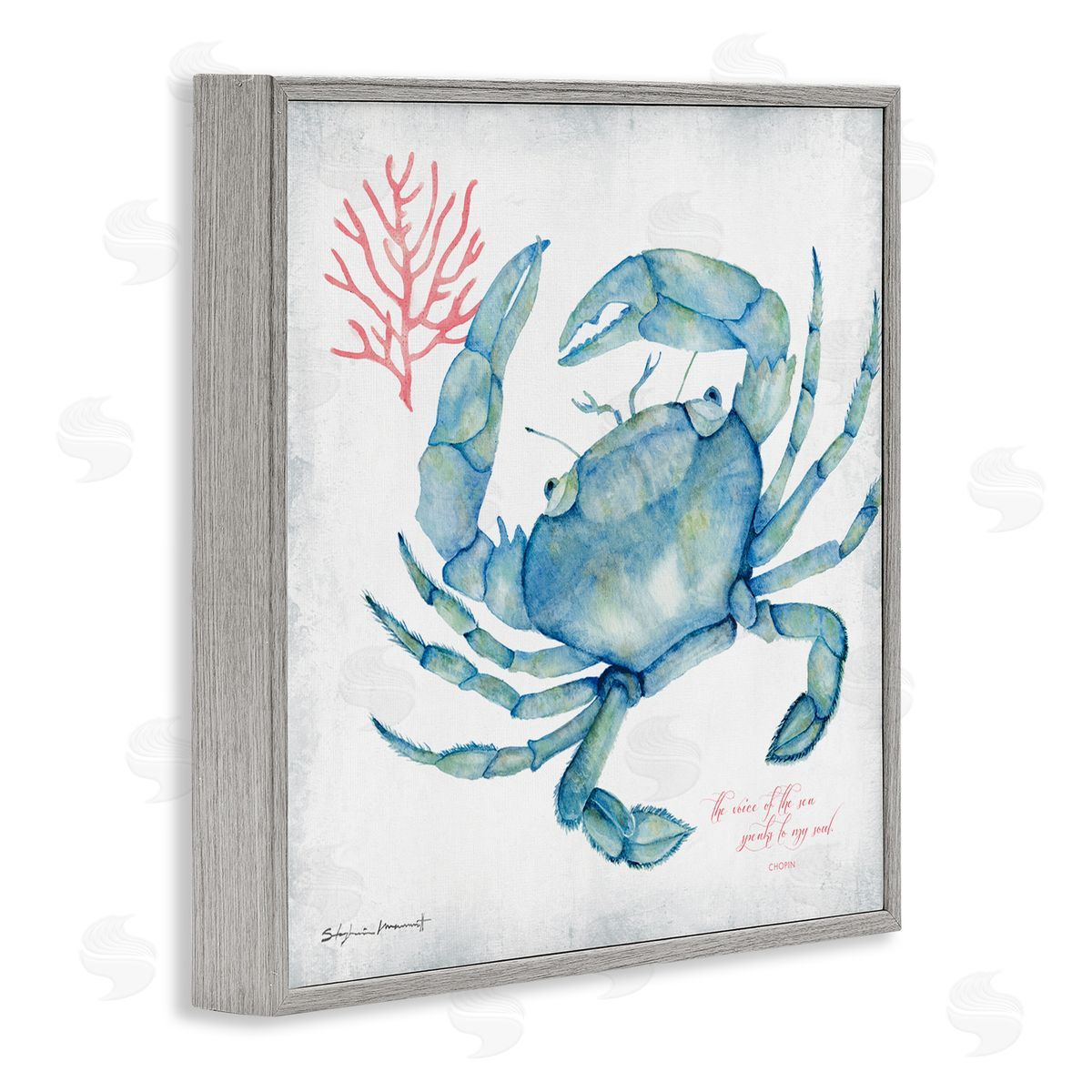 Stephanie Workman Marrott Voice of Sea Quote Blue Crab Red Coral Gray Framed Glicee Wall Art Print