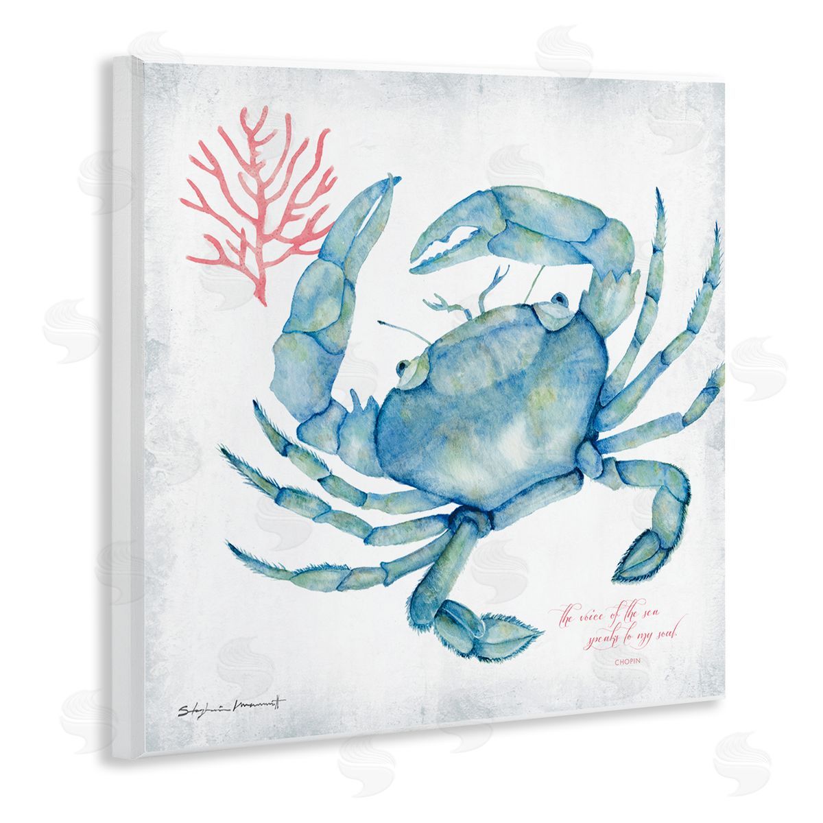 Stephanie Workman Marrott Voice of Sea Quote Blue Crab Red Coral Wooden Wall Plaque Art Print