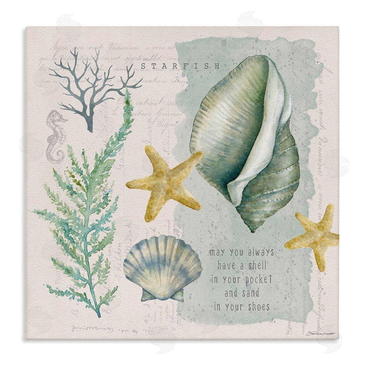 Stephanie Workman Marrott Shell in Pocket Sand In Shoes Beach Quote Stretched Canvas Wall Art Print