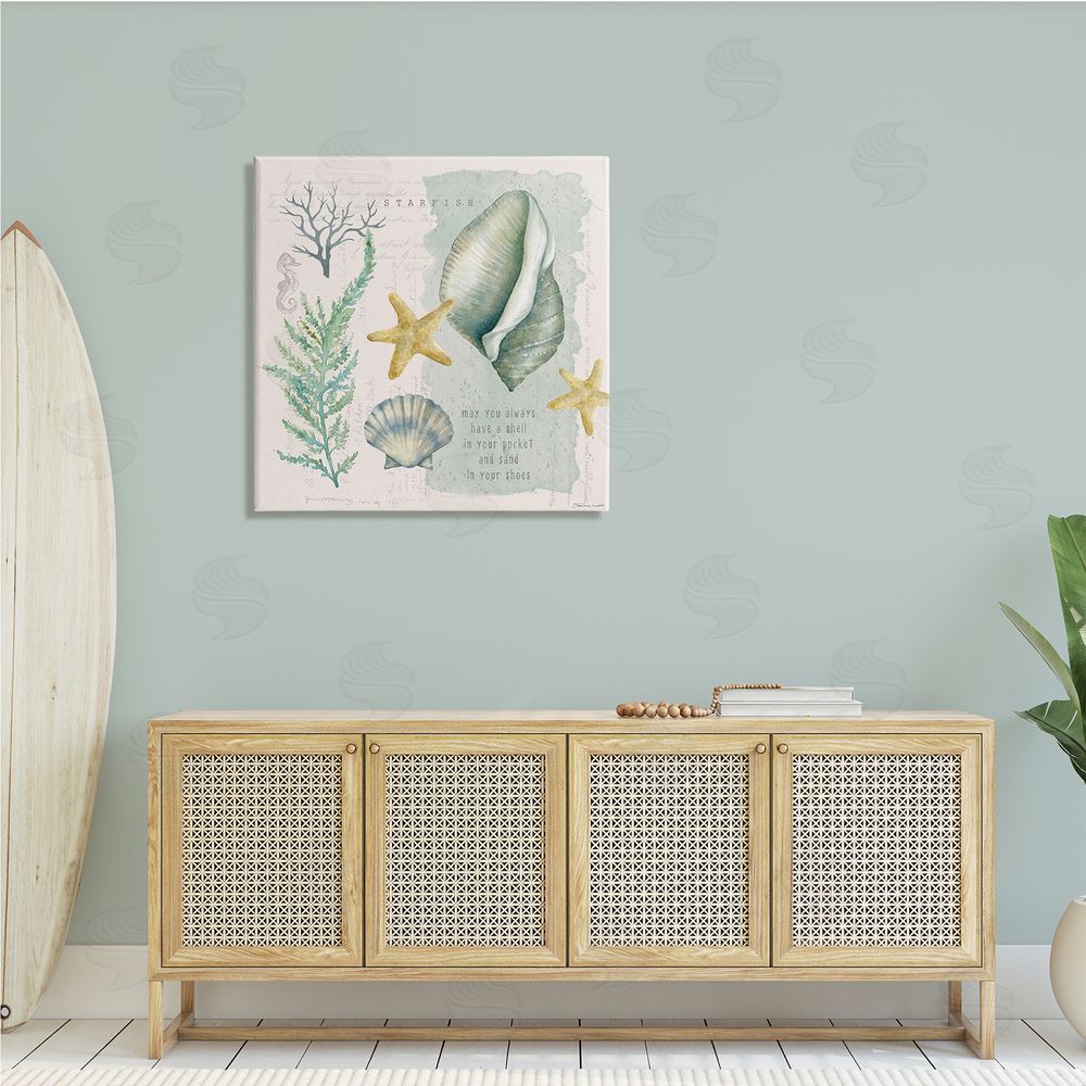 Stephanie Workman Marrott Shell in Pocket Sand In Shoes Beach Quote Canvas Wall Art in Room