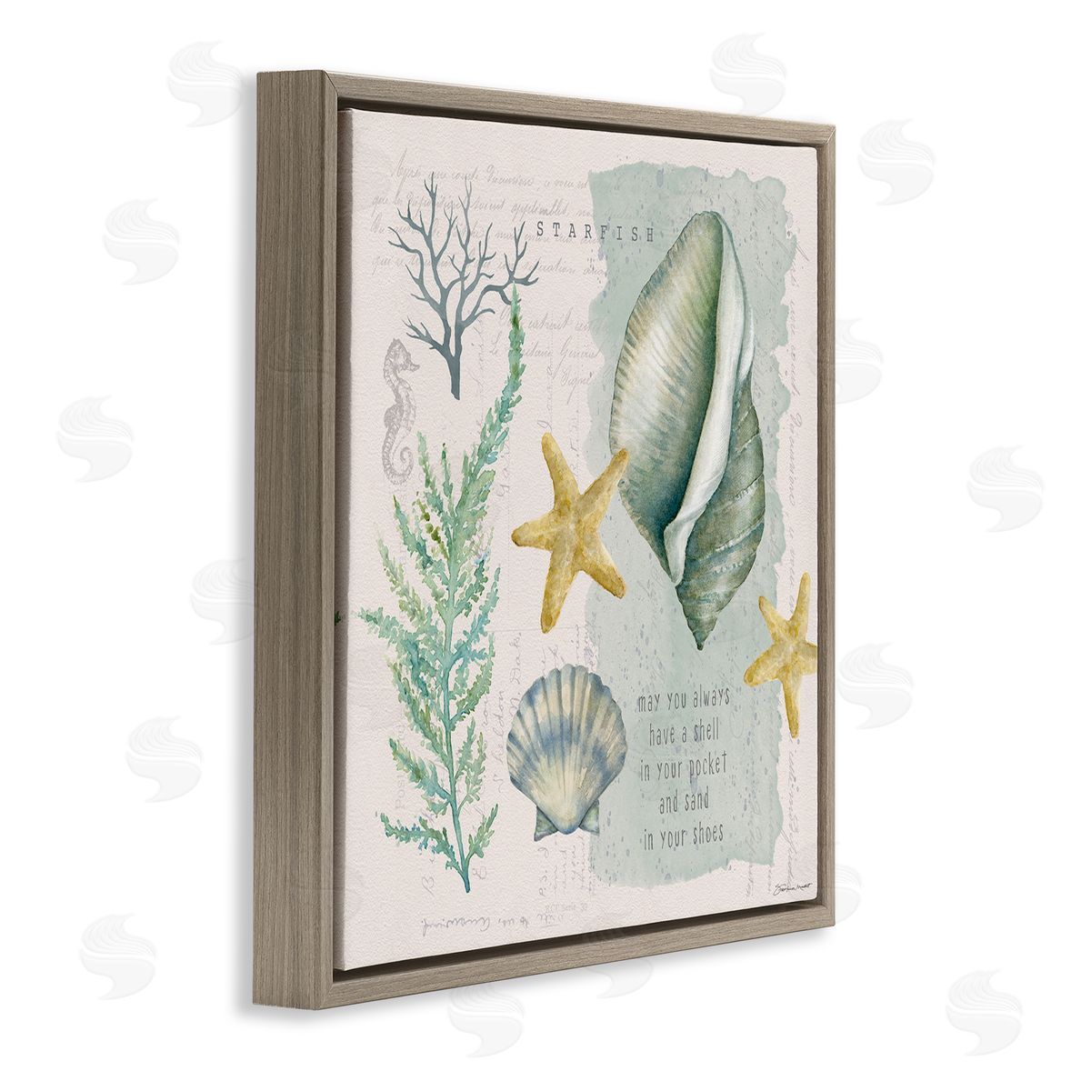 Stephanie Workman Marrott Shell in Pocket Sand In Shoes Beach Quote Brown Floating Frame Canvas Wall Art Print