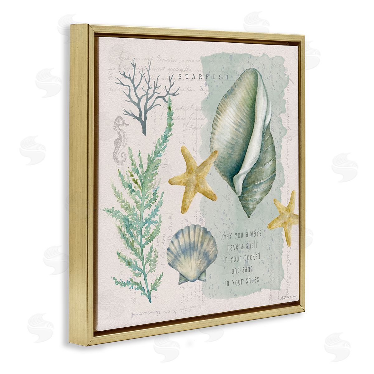 Stephanie Workman Marrott Shell in Pocket Sand In Shoes Beach Quote Gold Floating Frame Canvas Wall Art Print