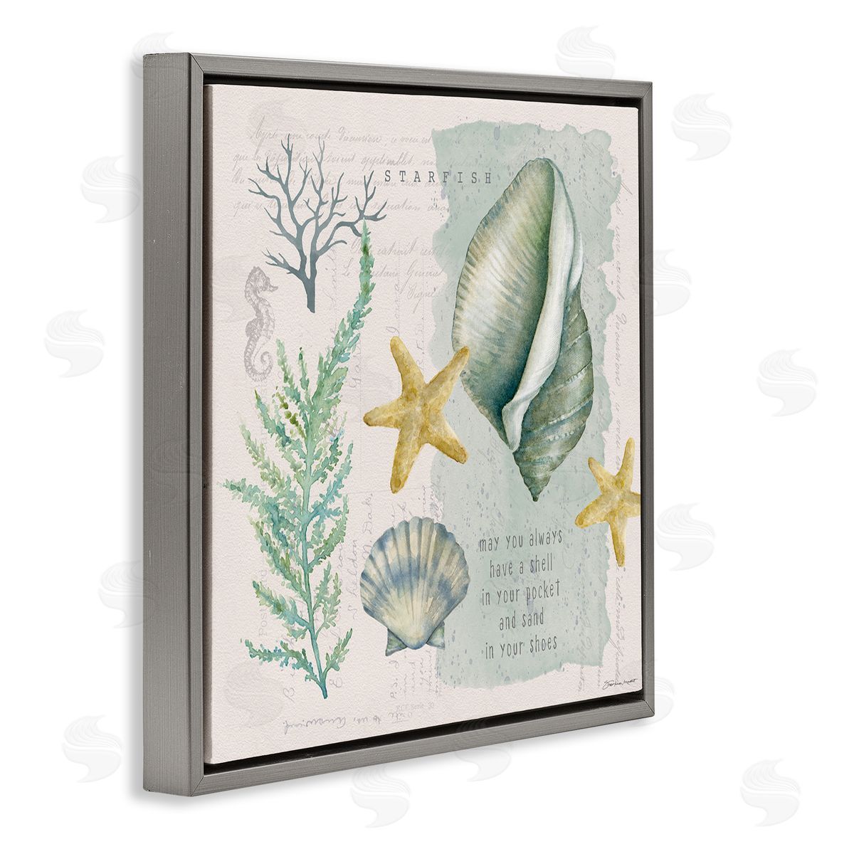 Stephanie Workman Marrott Shell in Pocket Sand In Shoes Beach Quote Gray Floating Frame Canvas Wall Art Print