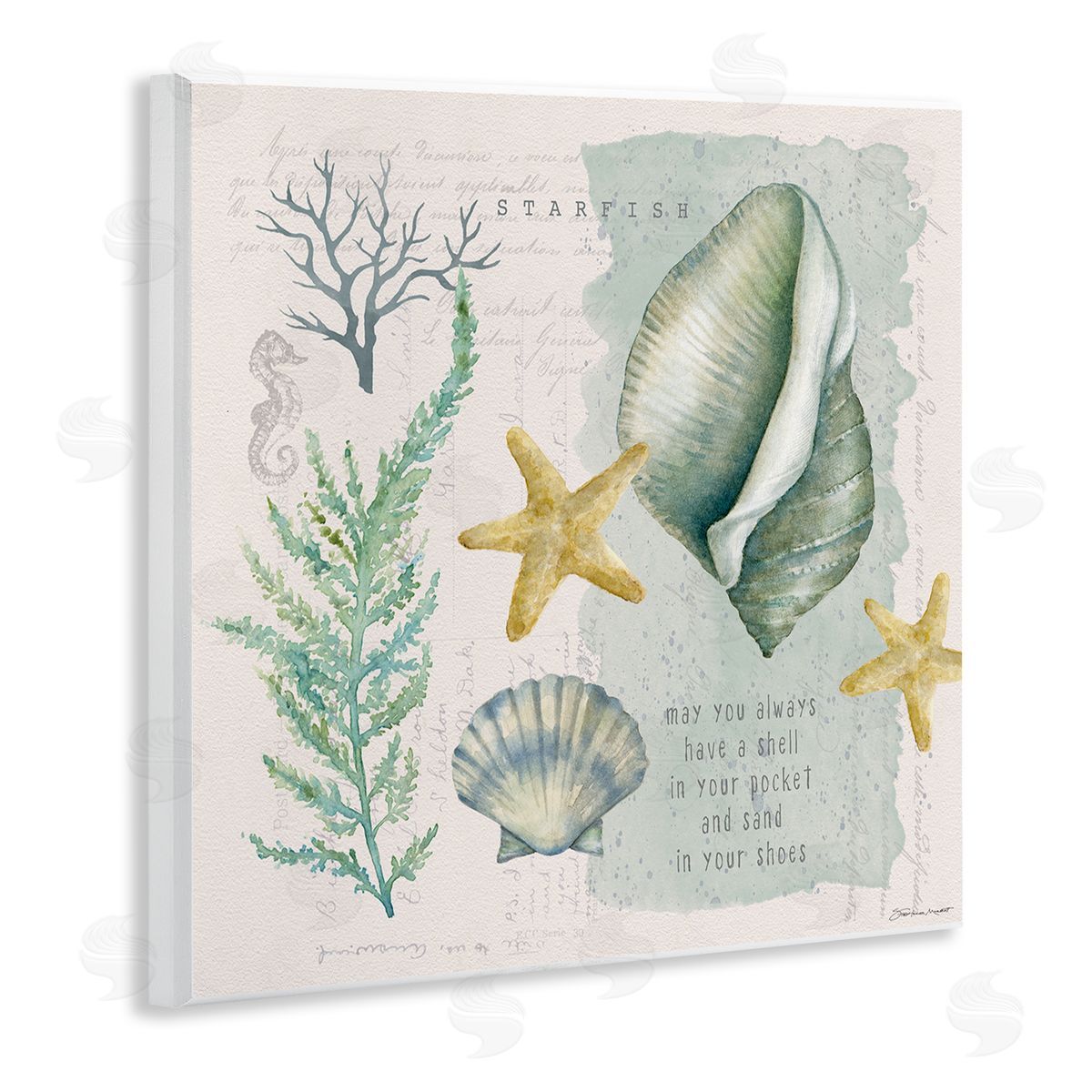 Stephanie Workman Marrott Shell in Pocket Sand In Shoes Beach Quote Wooden Wall Plaque Art Print