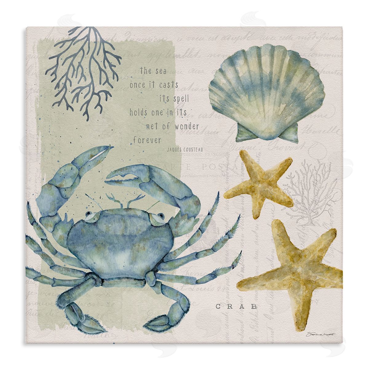 Stephanie Workman Marrott Sea Casts Its Spell Quote Blue Crab Seashells Stretched Canvas Wall Art Print
