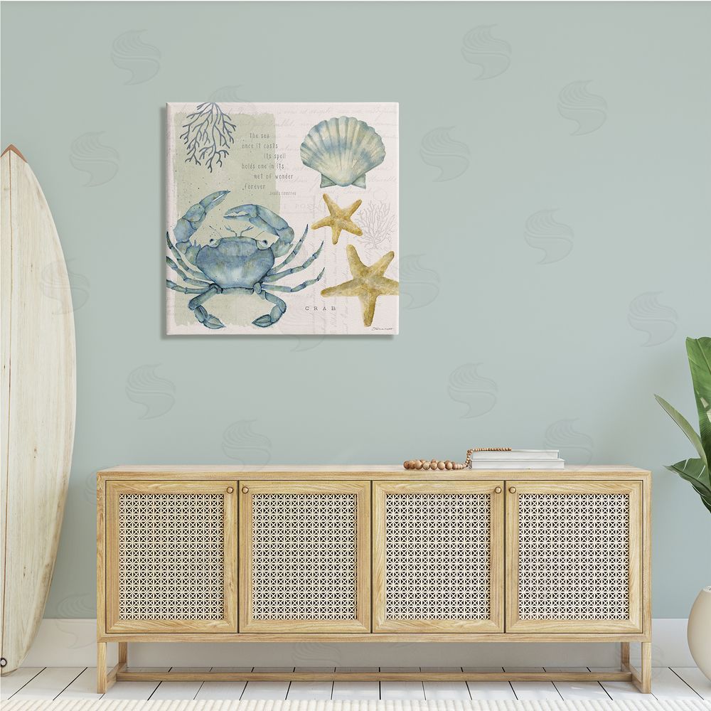Stephanie Workman Marrott Sea Casts Its Spell Quote Blue Crab Seashells Canvas Wall Art in Room